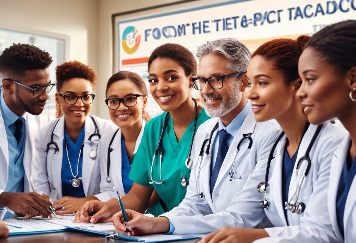 A diverse group of individuals collaborating in a vibrant nonprofit office, surrounded by healthcare symbols like stethoscopes and medical charts; a large banner in the background featuring the title 'From Advocacy to Action'. Emphasize teamwork and action with warm lighting and lively expressions. super-realistic. vibrant colors. 3D.