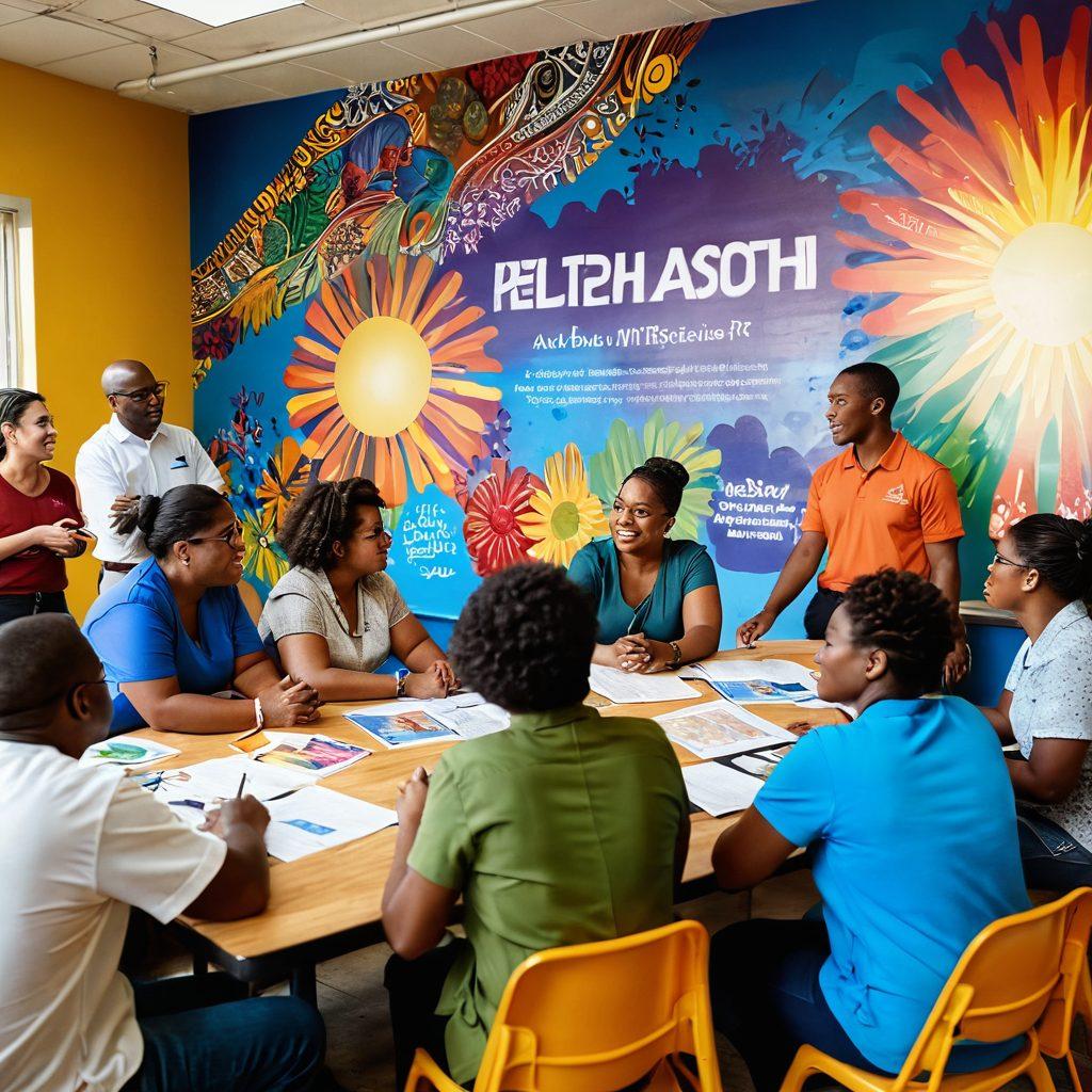 An inspiring scene depicting a diverse group of individuals engaged in a community education session, surrounded by colorful educational materials highlighting public health topics. In the background, a vibrant mural showcases nonprofit organizations working hand-in-hand with the community. The atmosphere is uplifting and hopeful, with sunlight illuminating the gathering. super-realistic. vibrant colors. warm lighting.